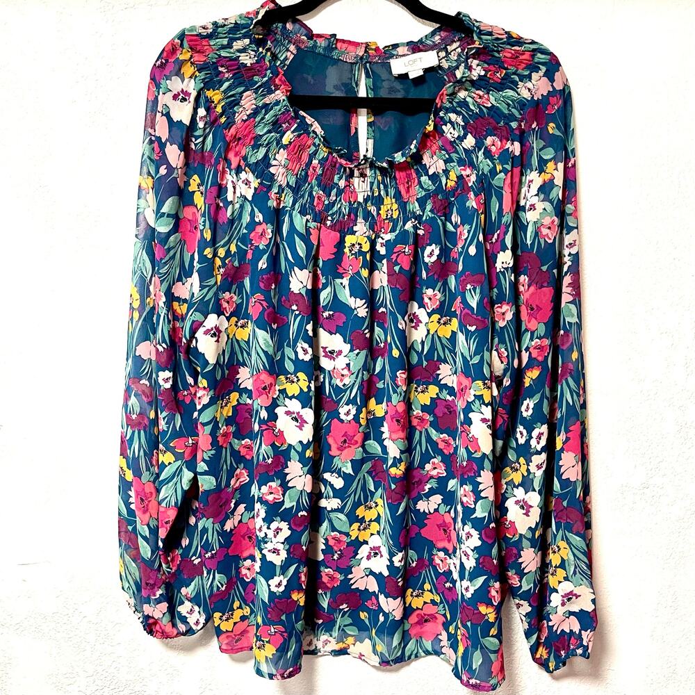 LOFT Teal Floral Long-Sleeve Peasant Blouse